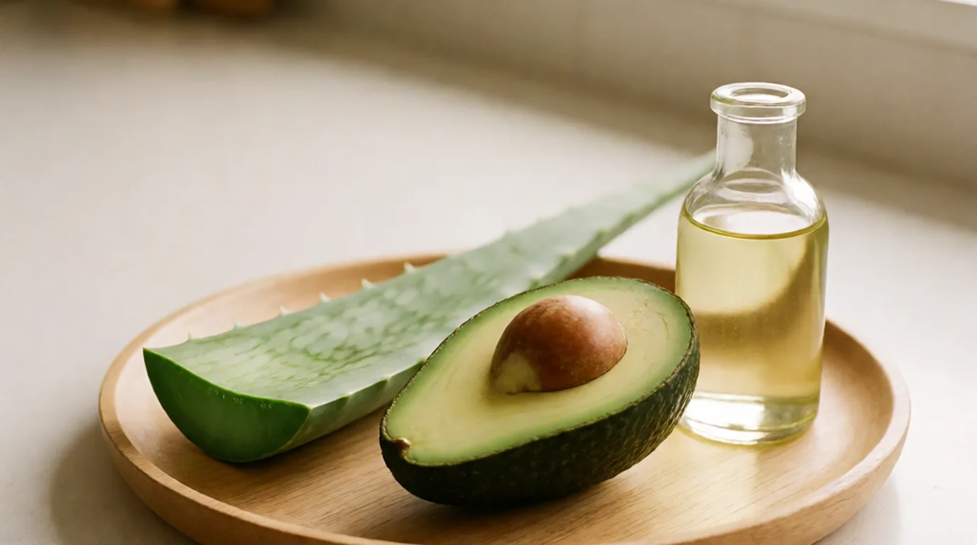 Bodegón de un plato de madera con aguacate abierto, una rama de aloe vera y un pequeño frasco de aceite, sobre una superficie clara y sin ninguna persona