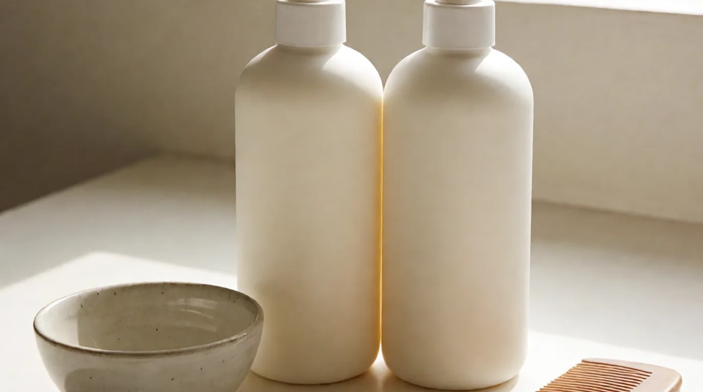 Bodegón de dos botes de mascarilla capilar comercial de pie y un cuenco de cerámica vacío al lado, sobre una superficie clara y sin ninguna persona