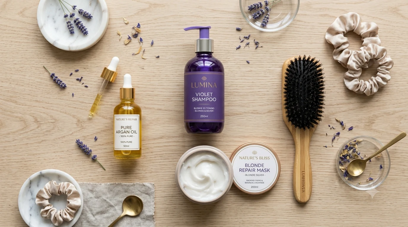 Productos para el cuidado del cabello con mechas: champú matizador, mascarilla y aceite capilar
