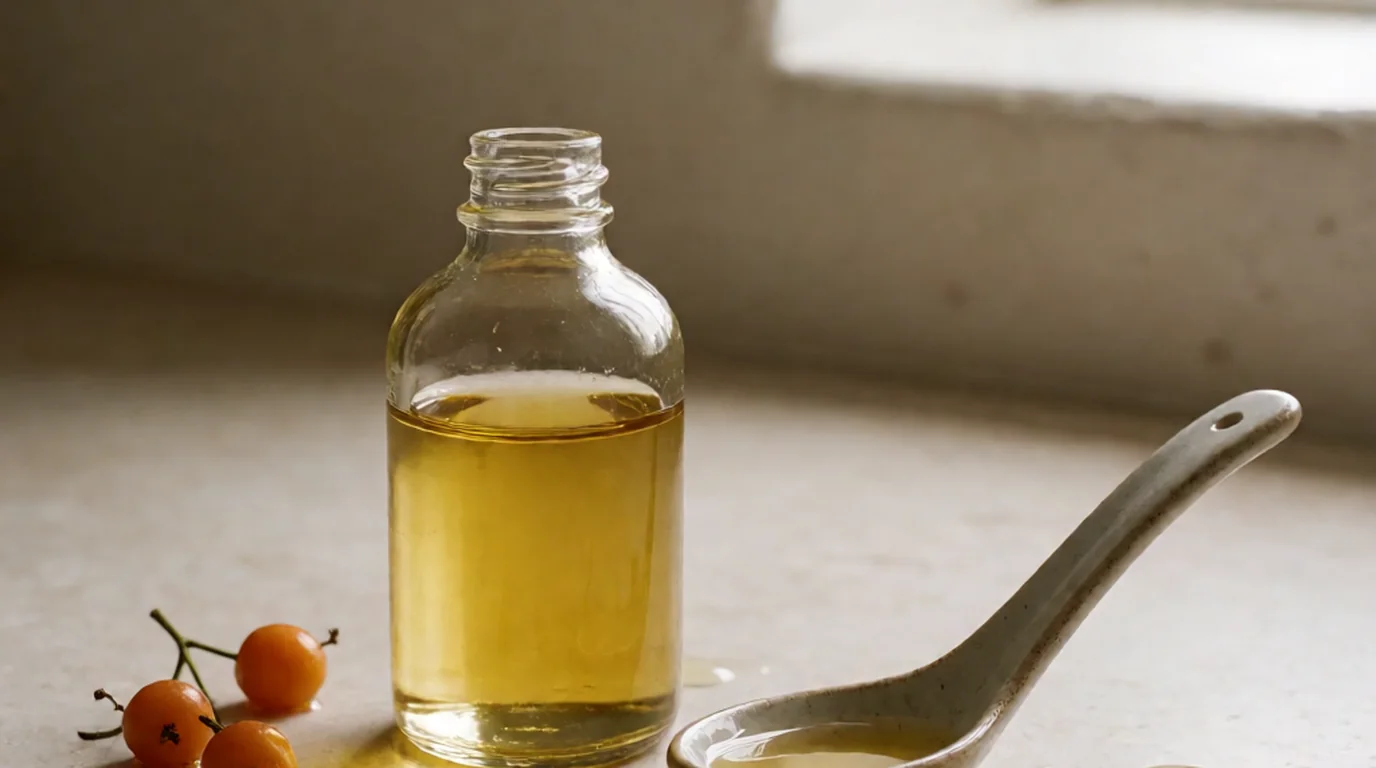 Frasco de vidrio con aceite dorado de espino amarillo, una cuchara de cerámica y bayas naranjas sobre una superficie clara