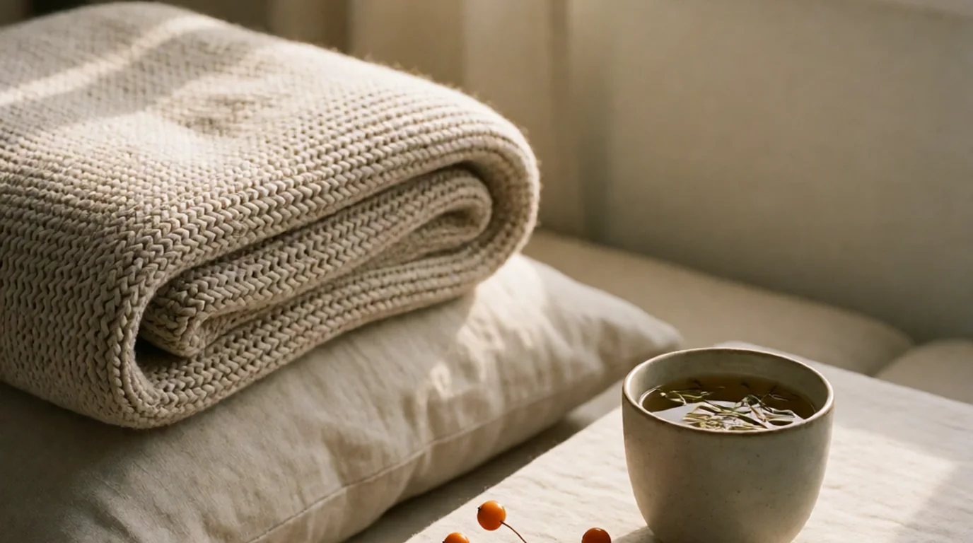 Manta tejida beige y cojín de lino junto a una taza de infusión y bayas de espino amarillo en luz cálida