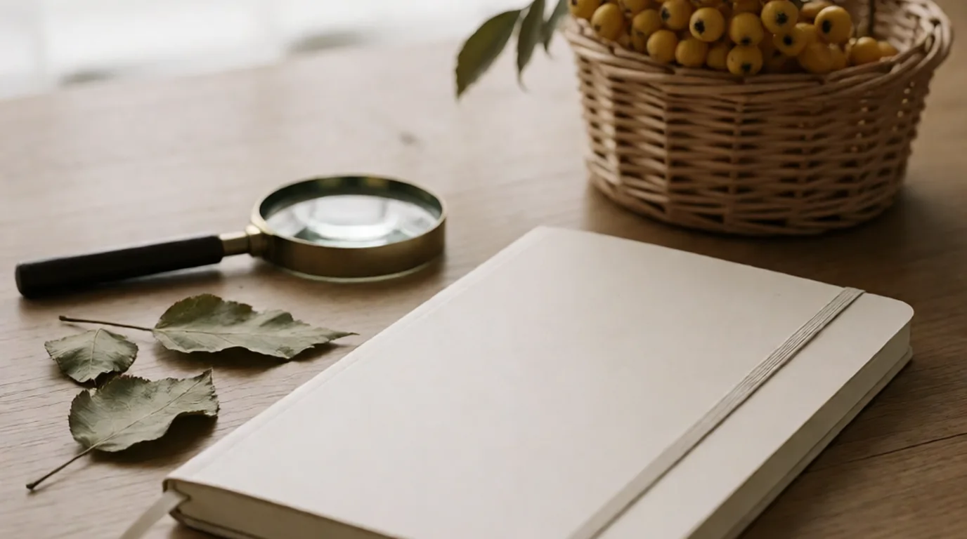 Cuaderno, lupa, hojas secas y una cesta con frutos de espino amarillo sobre una mesa de madera