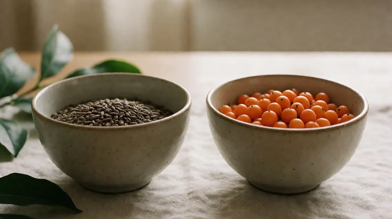Dos cuencos de cerámica rústica, uno con semillas oscuras y otro con bayas naranjas de espino amarillo, sobre un paño claro