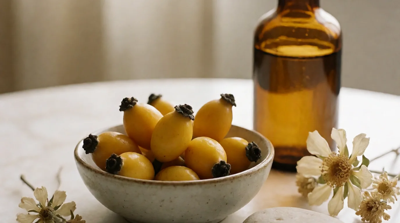 Cuenco de cerámica con frutos de espino amarillo junto a un frasco de cristal sobre una superficie neutra