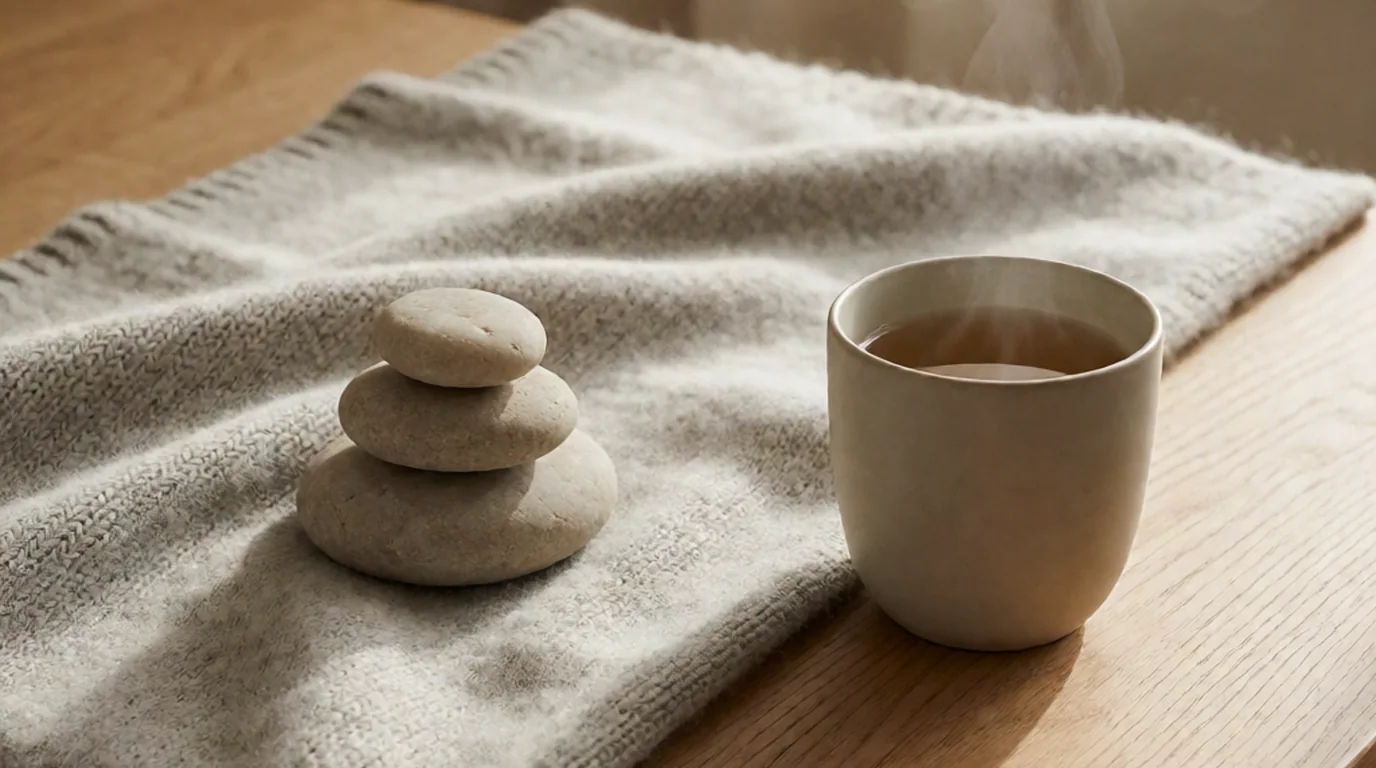 Piedras apiladas junto a una taza humeante sobre tela beige