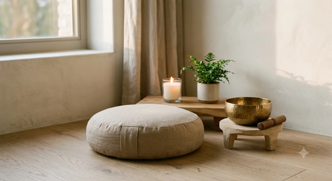 Mujer practicando mindfulness en casa, sentada en postura de meditación con un cojín zafu, rodeada de velas y un cuenco tibetano