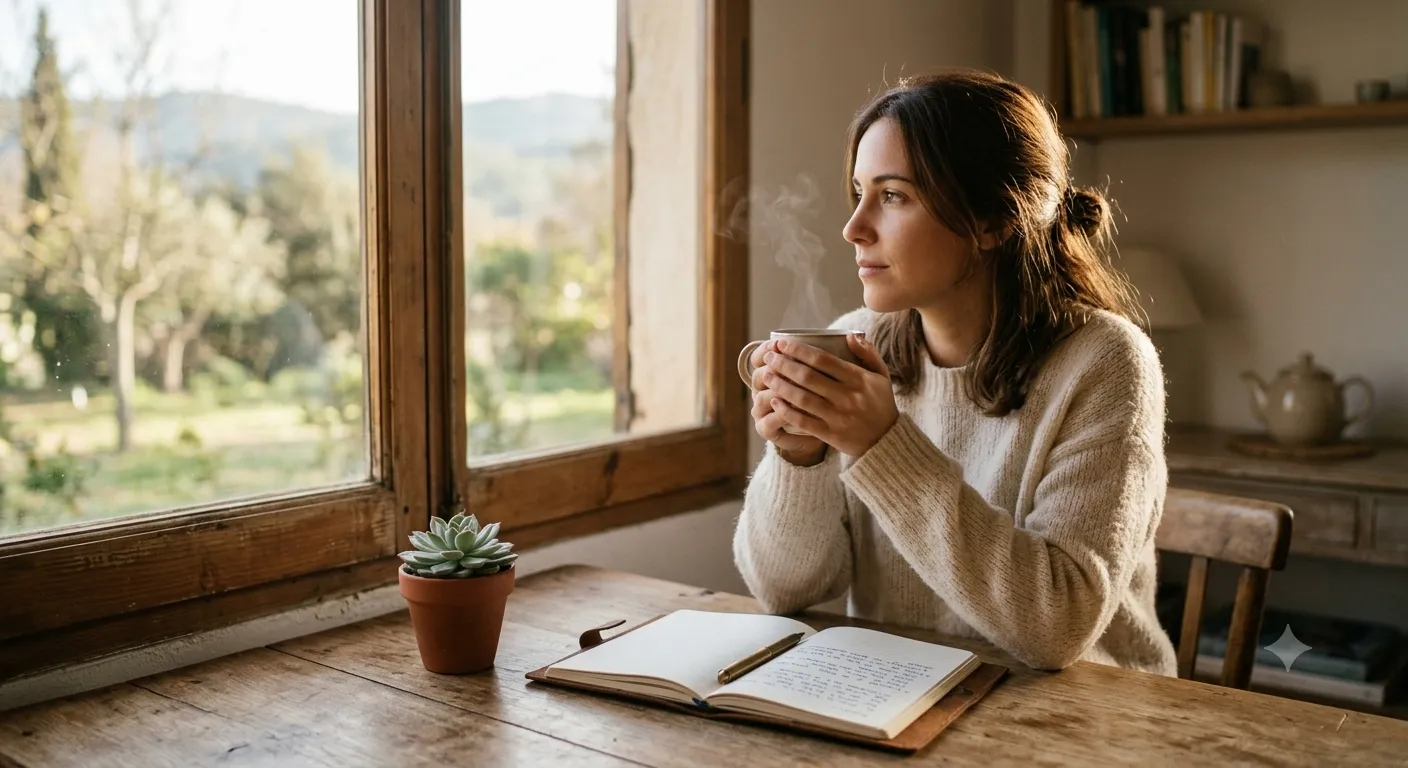 Rincón de mindfulness en casa con cojín de meditación, cuenco tibetano, velas y un diario de gratitud, espacio tranquilo y acogedor para la práctica diaria