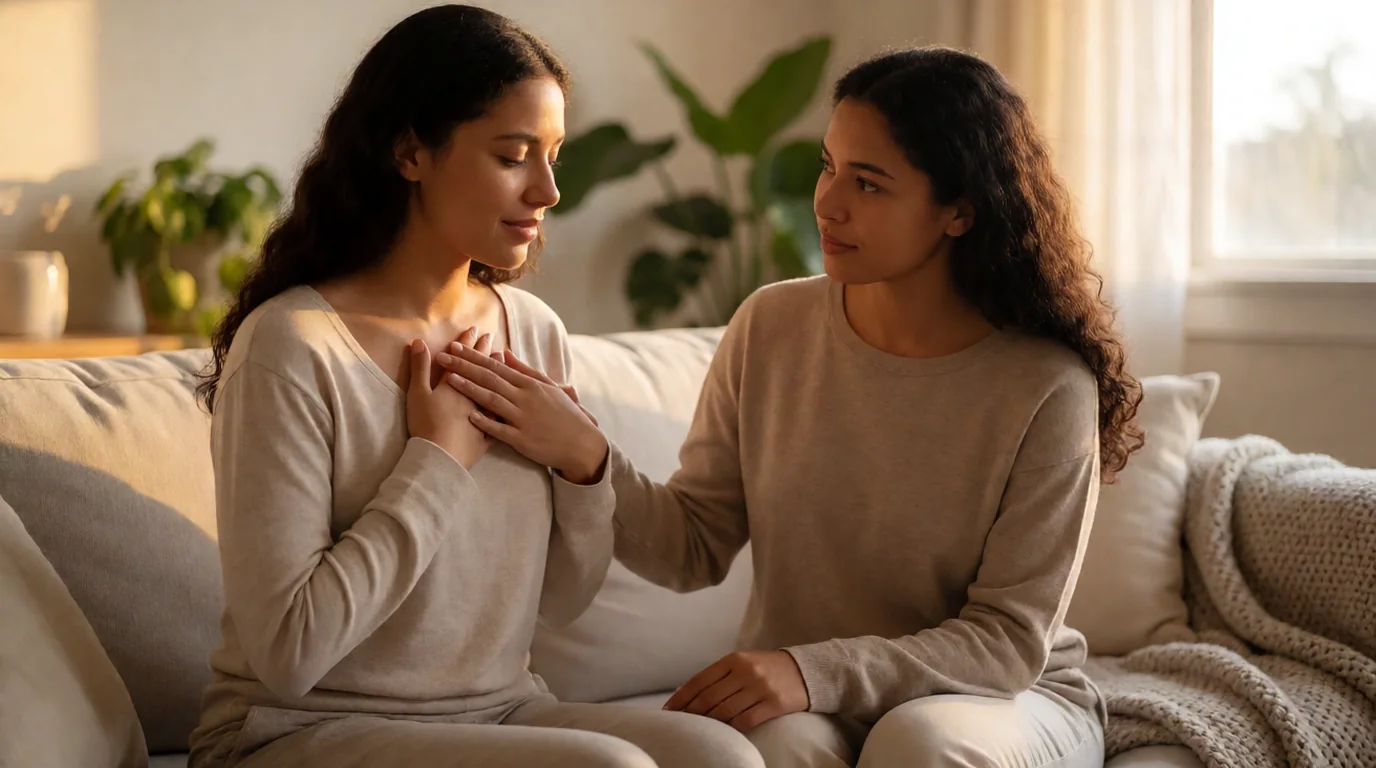 Dos mujeres conversando sentadas en un sofá claro de un salón luminoso, una con la mano apoyada en el pecho en gesto de alivio y la otra acompañándola con atención