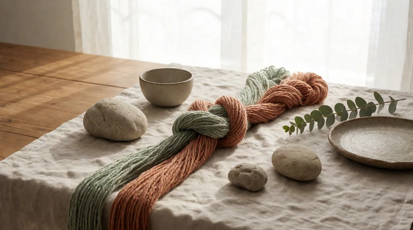 Bodegón sobre una mesa de madera con dos madejas de lana verde salvia y terracota entrelazadas, piedras lisas de río, un cuenco de cerámica mate y una rama de eucalipto