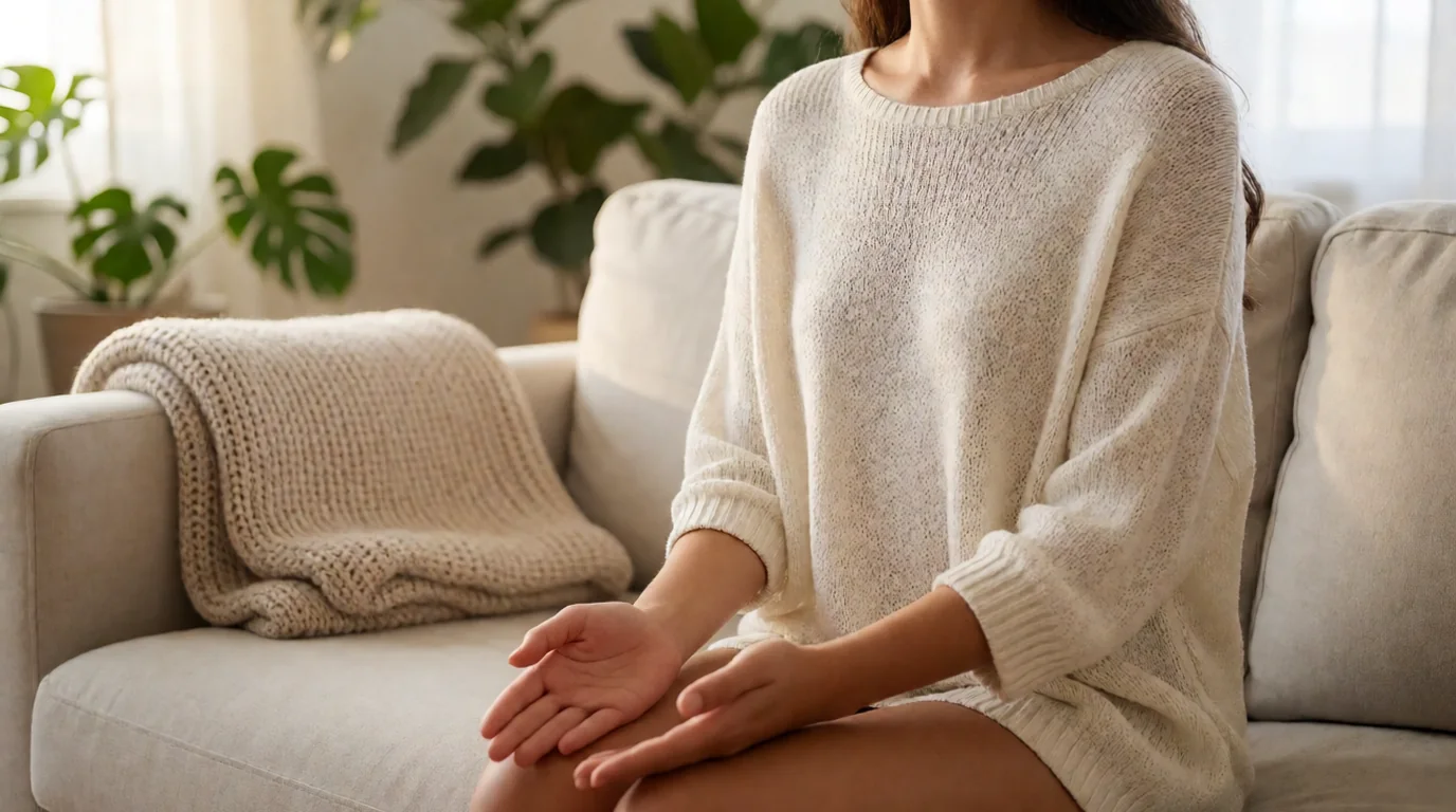 Mujer sentada de lado en un sofá claro con los ojos cerrados y la cabeza ligeramente inclinada, con una mano abierta apoyada sobre el abdomen y una manta de punto sobre las piernas