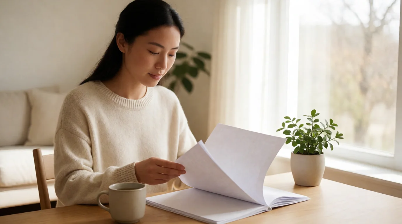 Mujer sentada a una mesa de madera junto a una ventana luminosa hojeando unas hojas de papel en blanco, con una taza de infusión y una pequeña planta al lado