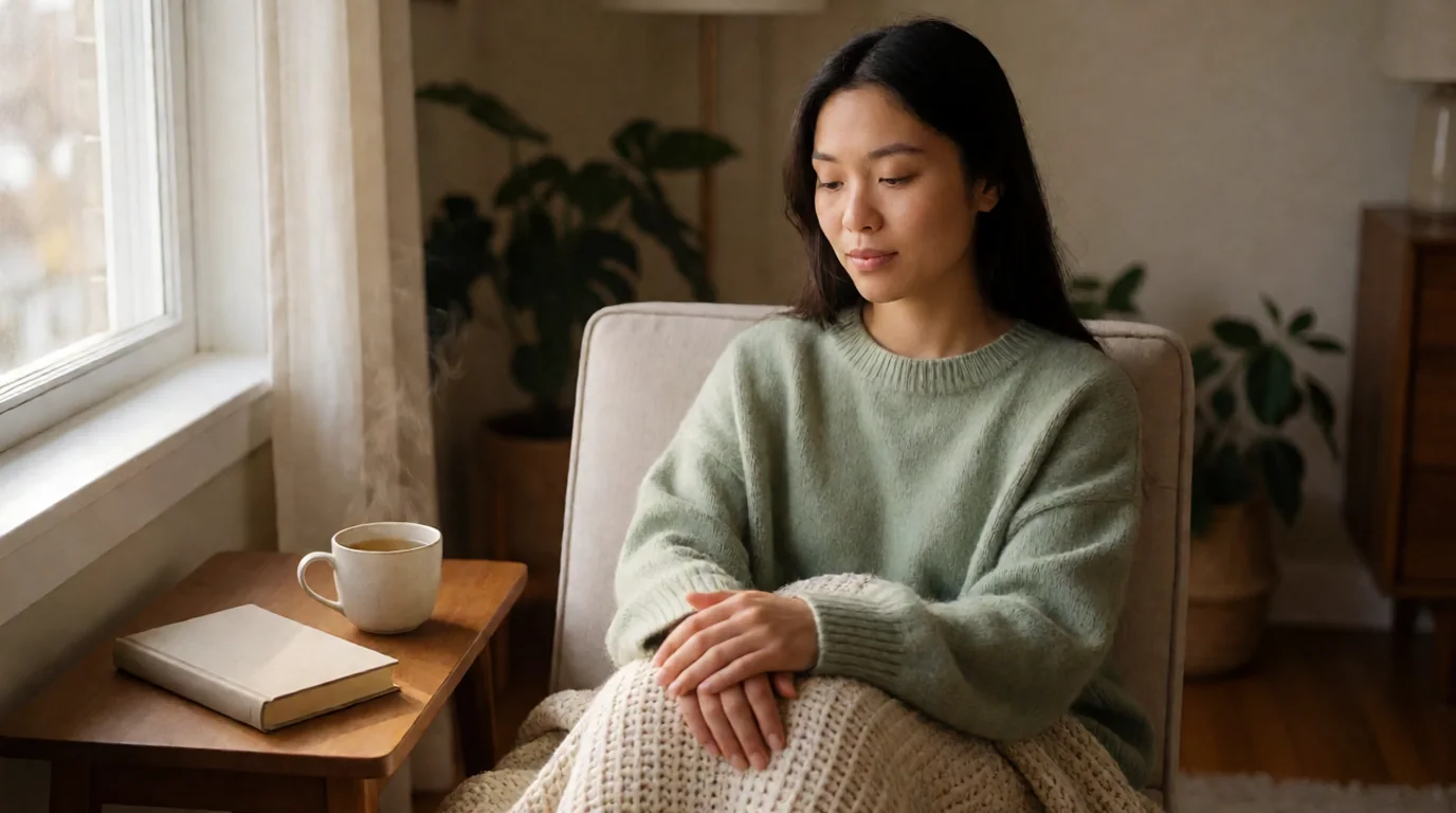 Mujer sentada junto a la ventana de una habitación tranquila con la mirada baja, un jersey verde salvia, una taza humeante y un libro cerrado sobre la mesa auxiliar