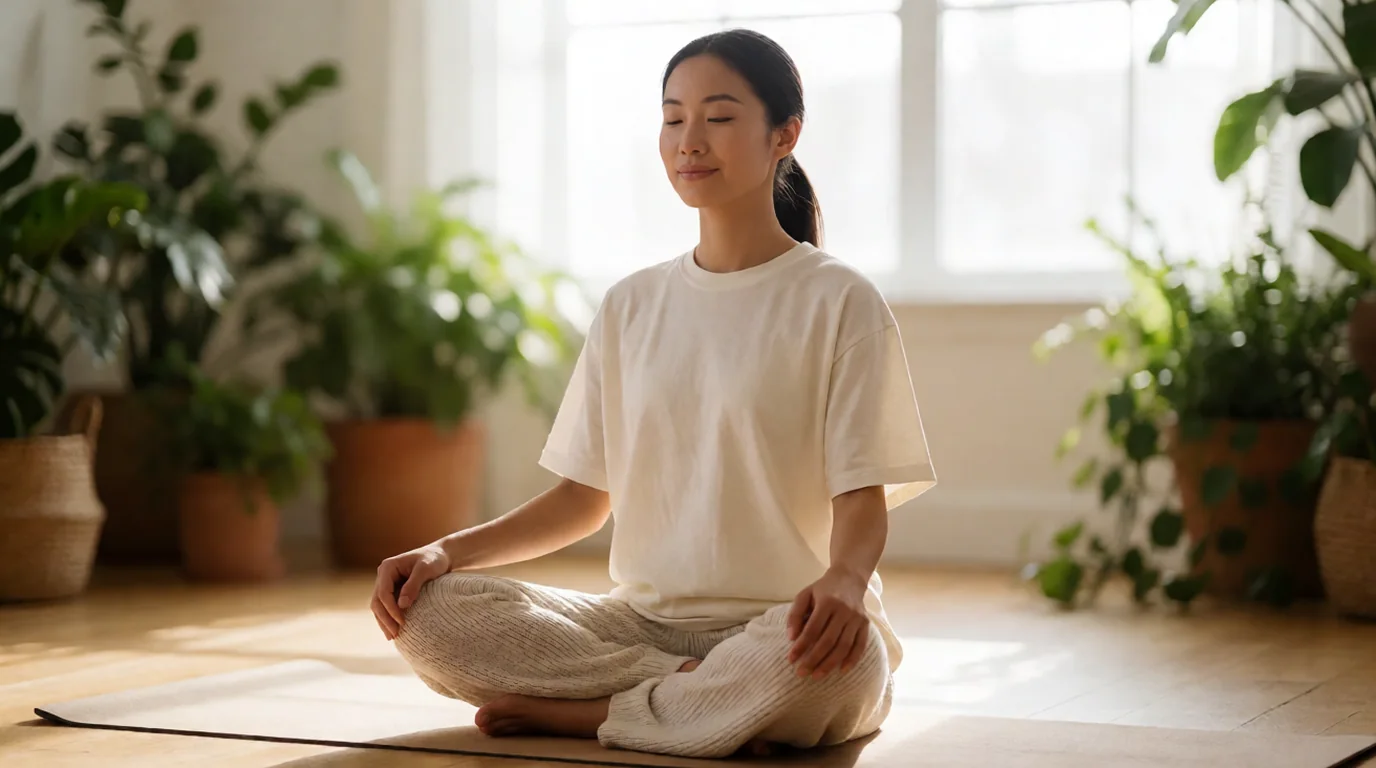 Mujer meditando sentada con las piernas cruzadas sobre una esterilla de yoga en el suelo de madera, con las manos sobre las rodillas y plantas verdes al fondo desenfocado
