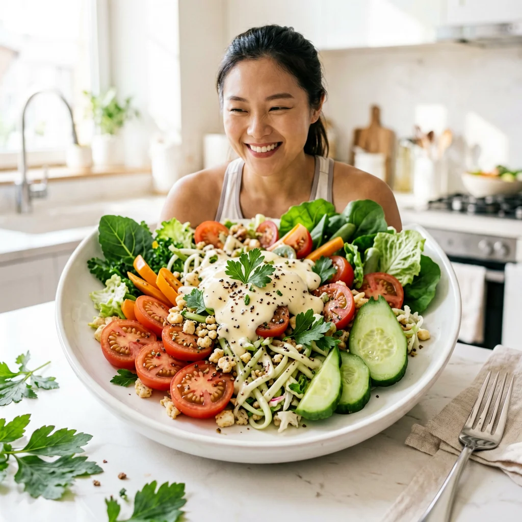 Plato de comida saludable con proteína y verduras para perder grasa en piernas