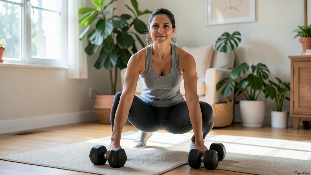 Mujer de 40 años haciendo ejercicio de fuerza con pesas ligeras en un espacio luminoso, con ropa deportiva y actitud positiva