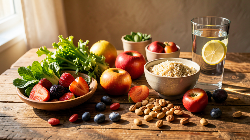 Mujer de 40 años sosteniendo un plato con alimentos saludables variados: verduras, proteínas y grasas saludables, con luz natural