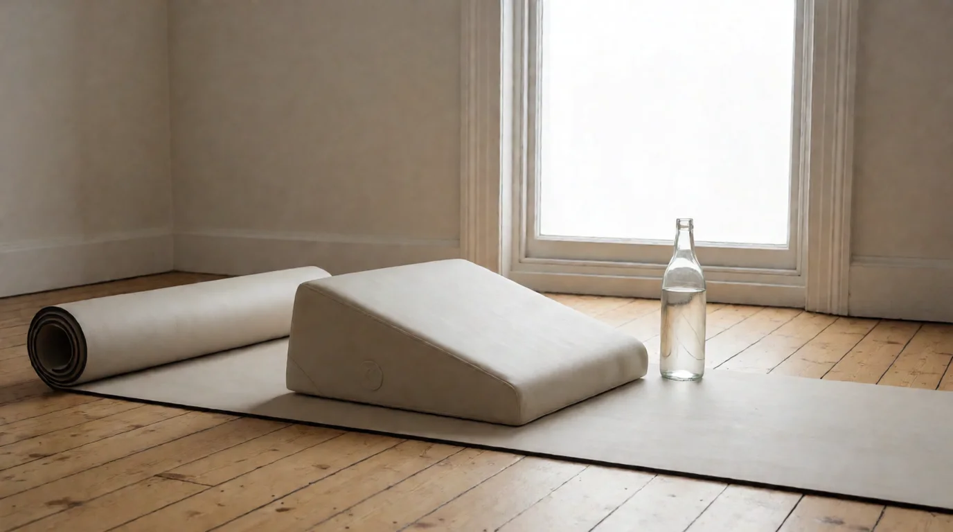 Bodegón con esterilla de pilates, cojín de apoyo y botella de agua sobre un suelo de madera junto a una ventana luminosa