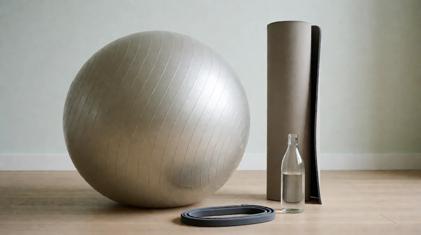 Pelota de pilates sobre una esterilla enrollada junto a una banda elástica y una botella de agua