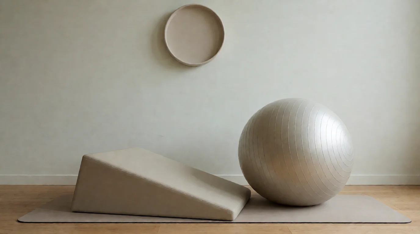 Cuña de apoyo inclinada sobre una esterilla de pilates junto a una pelota y un disco decorativo redondo de pared