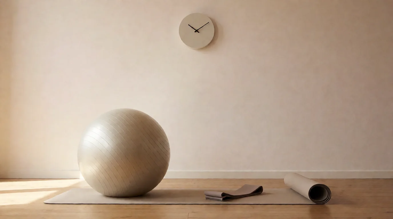 Reloj de pared, pelota de pilates y banda elástica sobre una esterilla en un suelo de madera