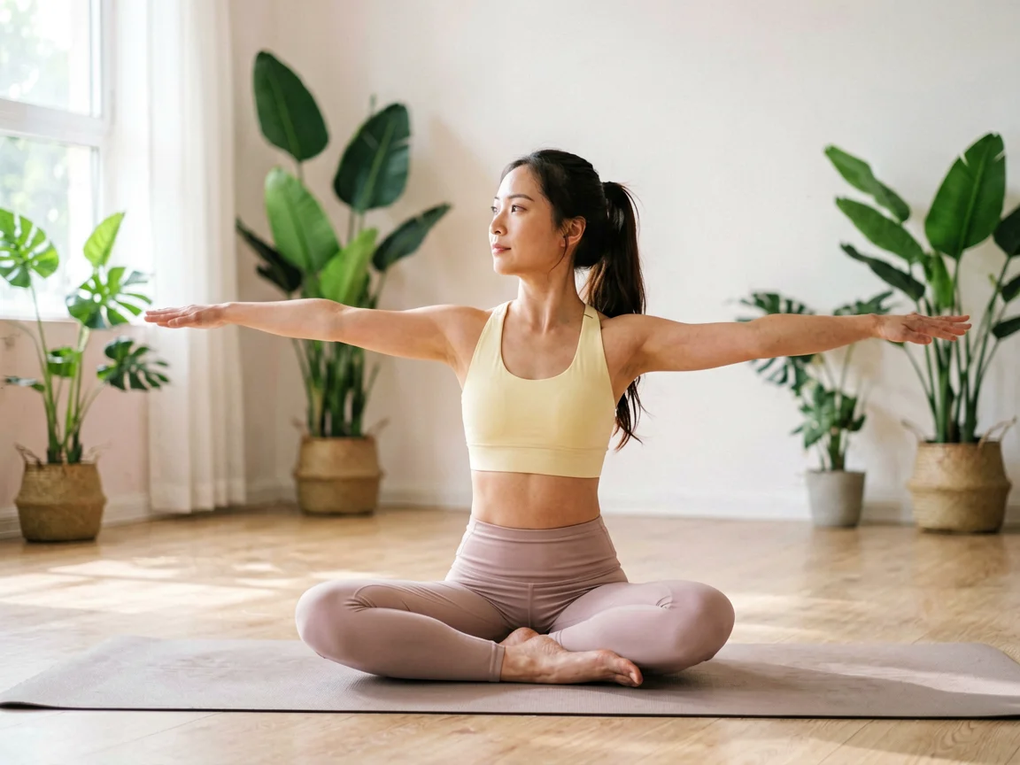 Mujer practicando pilates principiante sobre esterilla en salón luminoso
