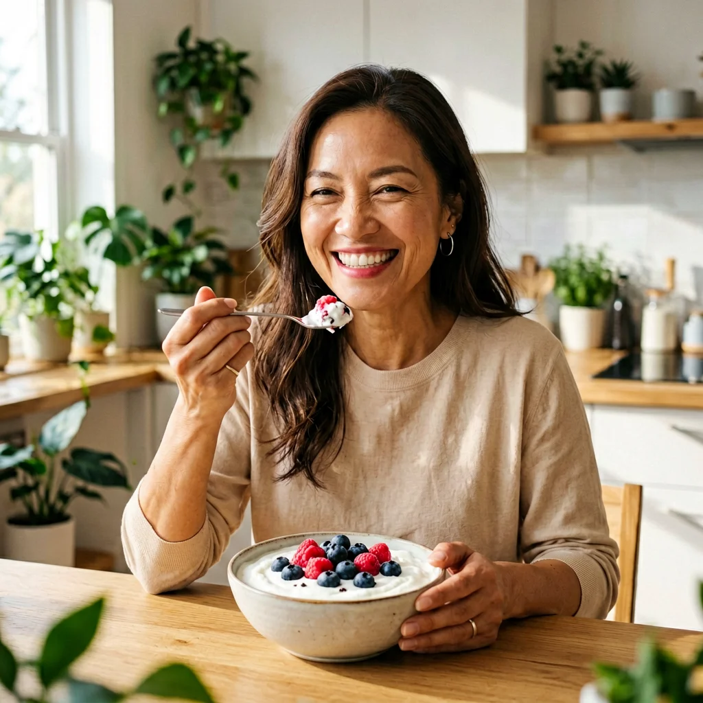 Mujer de mediana edad tomando probióticos para la menopausia