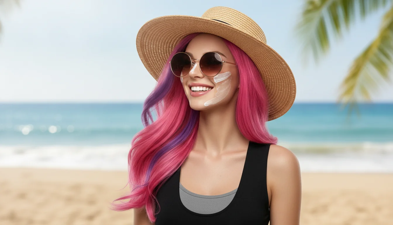 Lolita Coconut al aire libre con sombrero, protegiendo su piel con crema hidratante con protección solar, sonrisa radiante y mirada confiada