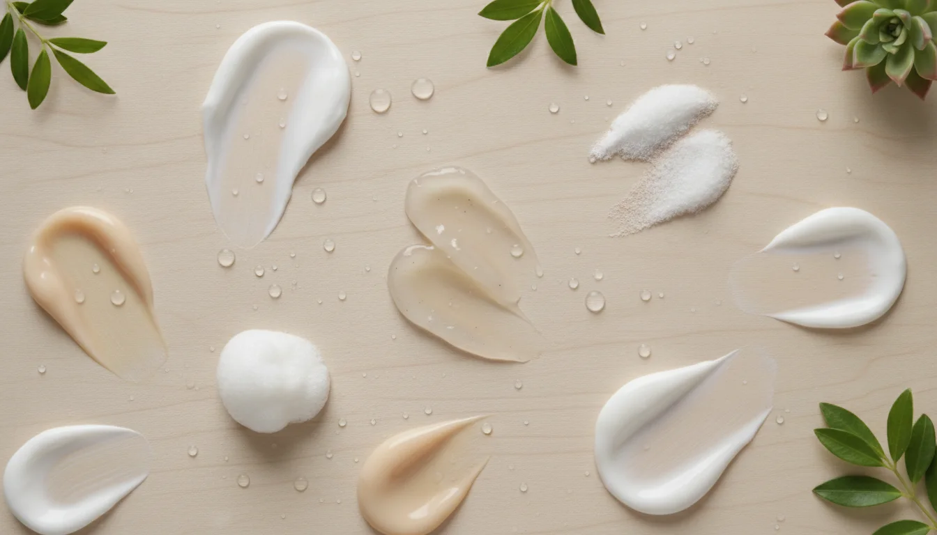 Diferentes texturas de cremas faciales con protección solar sobre superficie de madera, composición flat lay con envases blancos