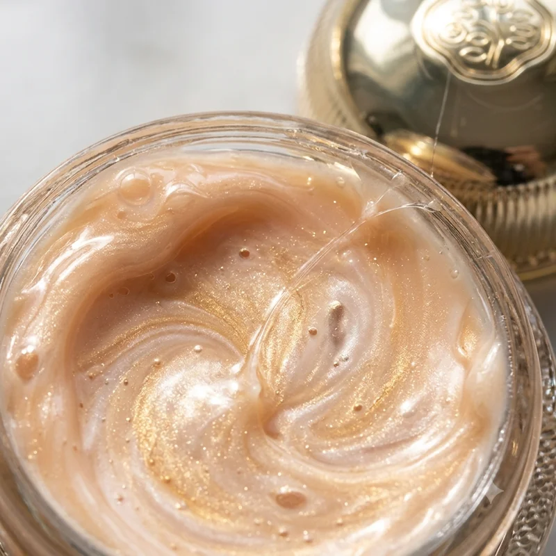 Macro textura cremosa de la crema contorno de ojos Shiseido, acabado perlado y sedoso