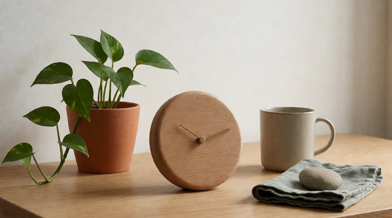 Bodegón de rutina diaria con un reloj de madera, una planta colgante y una taza sobre una mesa