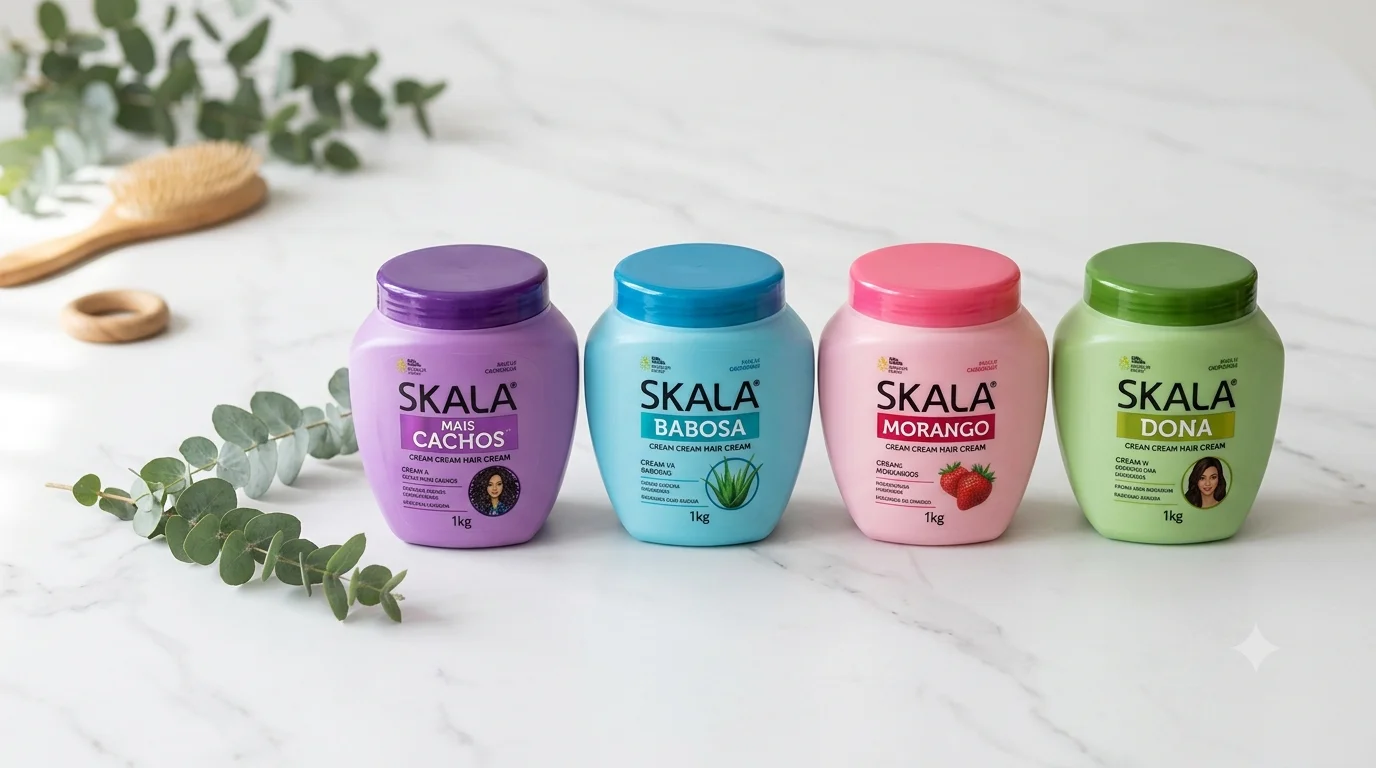 Colección de productos Skala para el cabello: Mais Cachos, Babosa, Dona y Morango