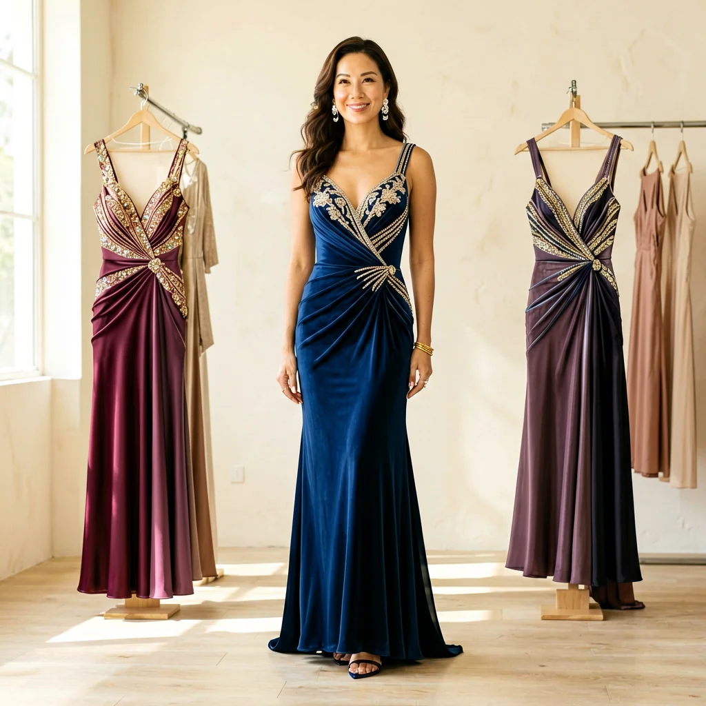 Mujer luciendo un vestido elegante para fiesta.