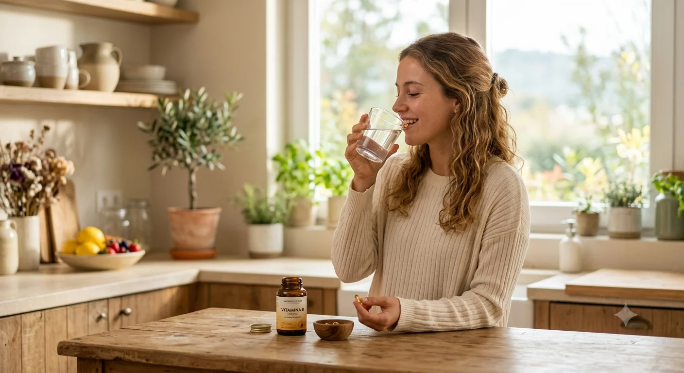 Mujer joven tomando vitamina D con agua en su cocina por la mañana, luz natural