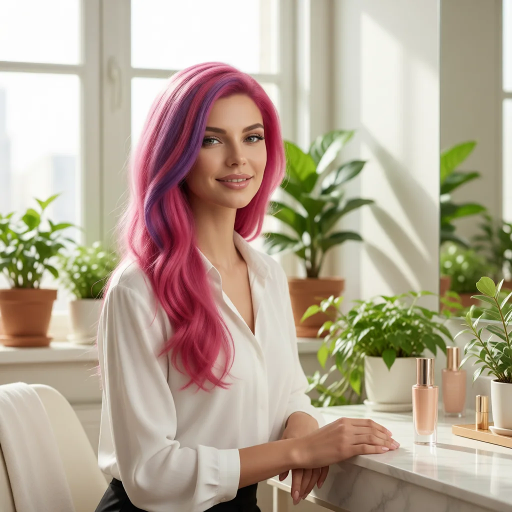Lolita Coconut con un frasco de cosmético en un salón luminoso