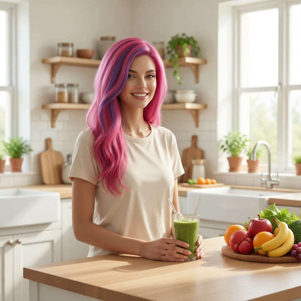 Lolita Coconut en una cocina luminosa con frutas frescas