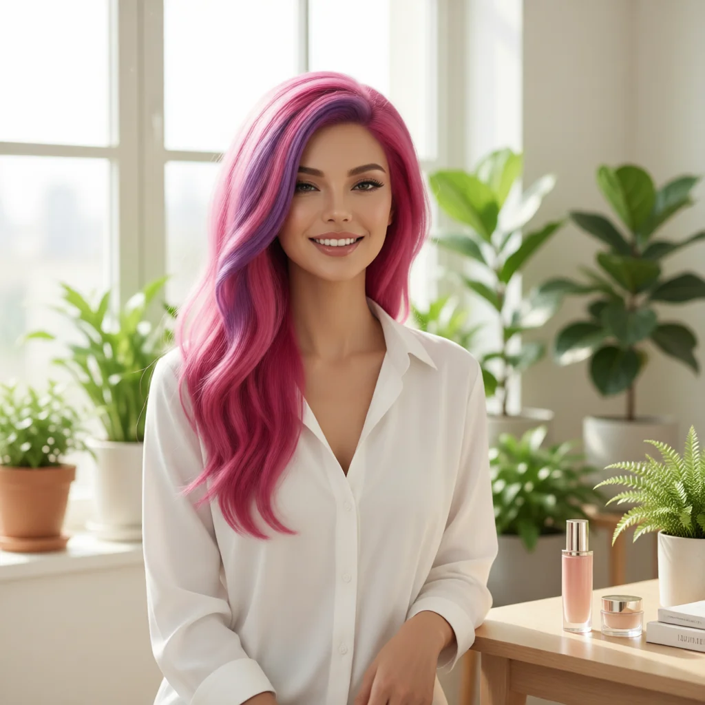Lolita Coconut con un frasco de cosmético en un salón luminoso