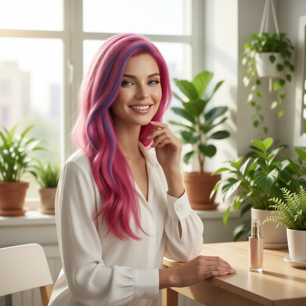 Lolita Coconut con un frasco de cosmético en un salón luminoso