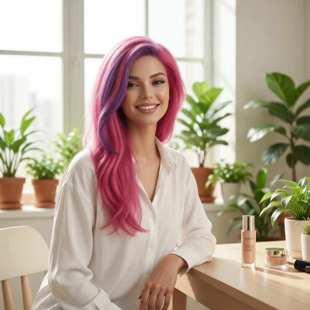Lolita Coconut con un frasco de cosmético en un salón luminoso