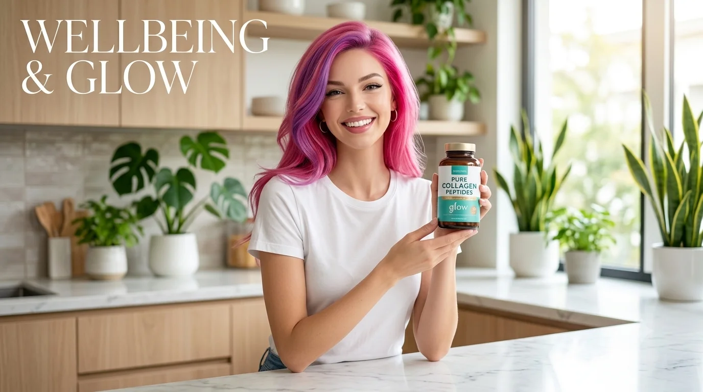 Lolita Coconut sosteniendo suplementos de colágeno y omega 3, sonrisa natural