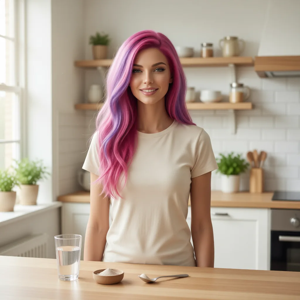 Lolita Coconut en una cocina luminosa con un vaso de agua y una cuchara de creatina