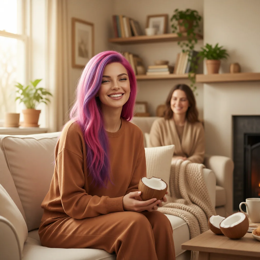 Lolita Coconut sonriendo mientras explica ejercicios de desarrollo socioemocional para mujeres, en un ambiente cálido y acogedor