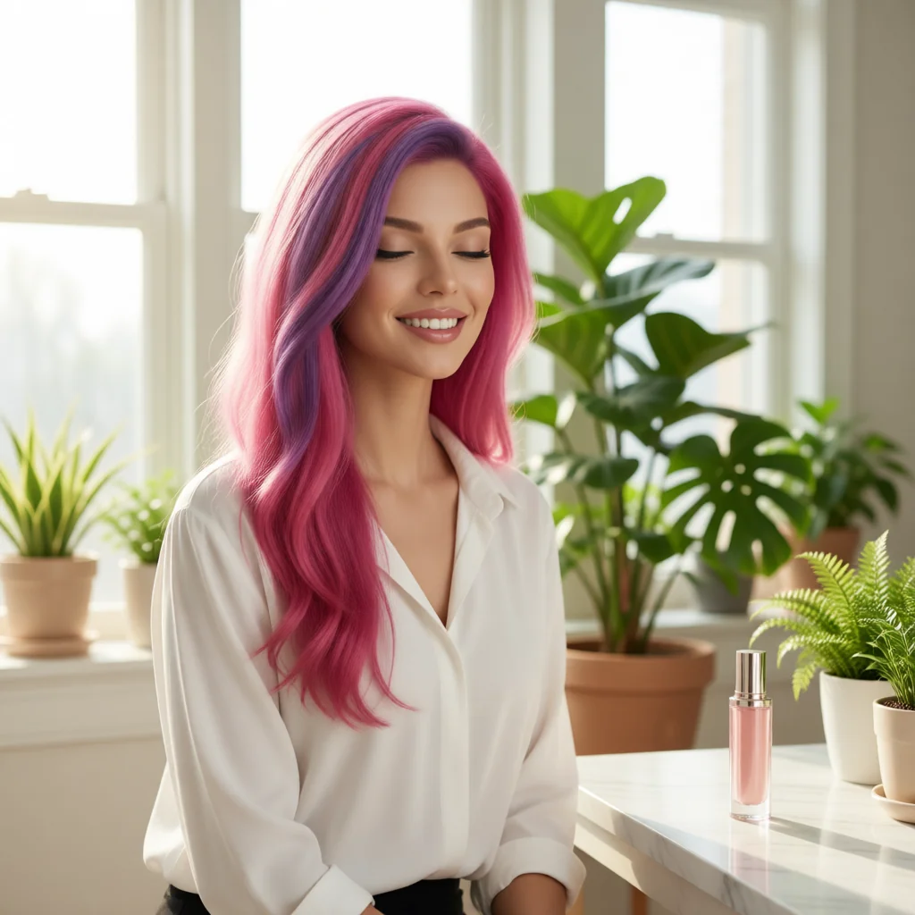 Lolita Coconut con un frasco de cosmético en un salón luminoso