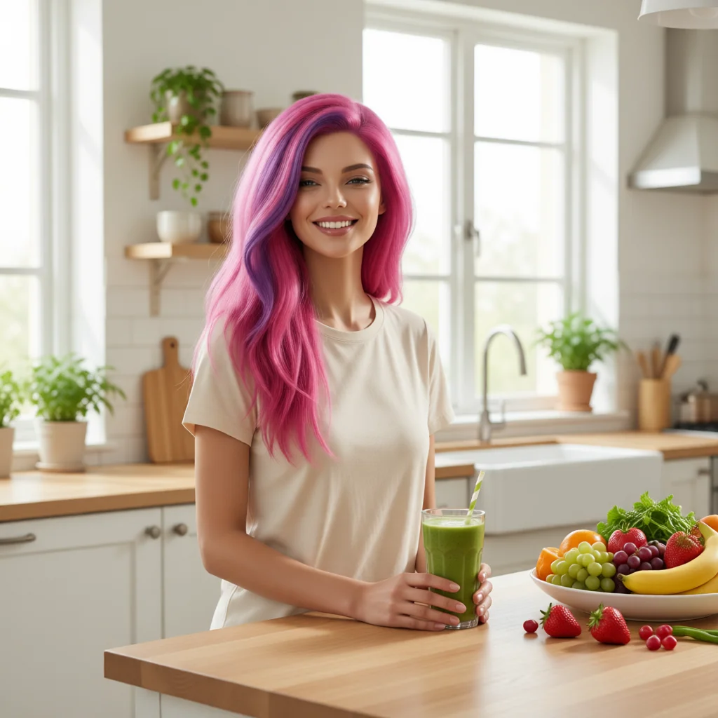 Lolita Coconut en una cocina luminosa con frutas frescas