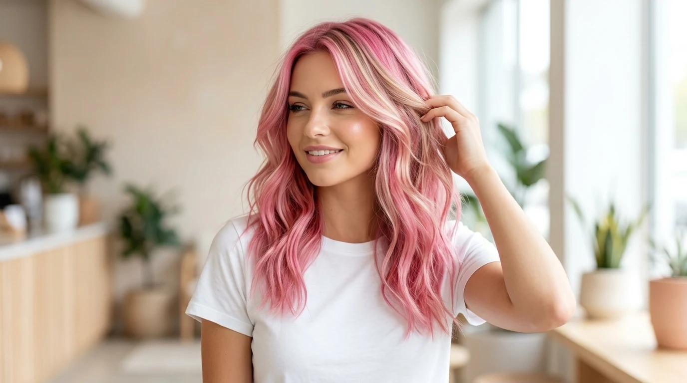 Lolita Coconut con mechas rubias en pelo castaño, sonrisa natural