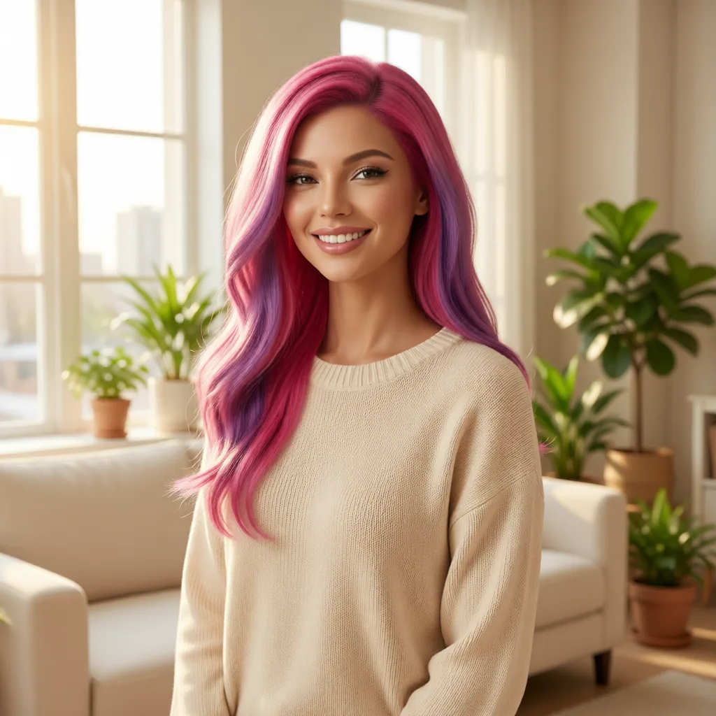 Retrato de Lolita Coconut, autora de Sanas y Bellas, con el cabello largo ondulado en tonos rosa y morado y un jersey beige de punto, sonriendo en un salón luminoso con plantas