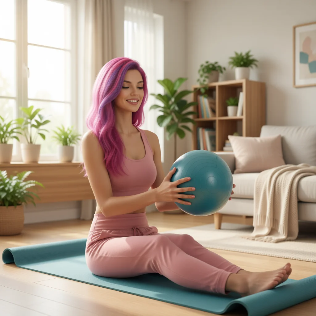 Lolita Coconut practicando pilates principiante en casa con esterilla y pelota