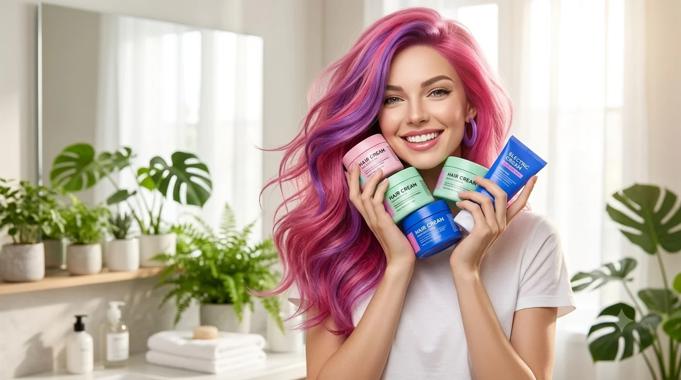 Lolita Coconut sosteniendo productos Skala para el cabello, sonrisa natural