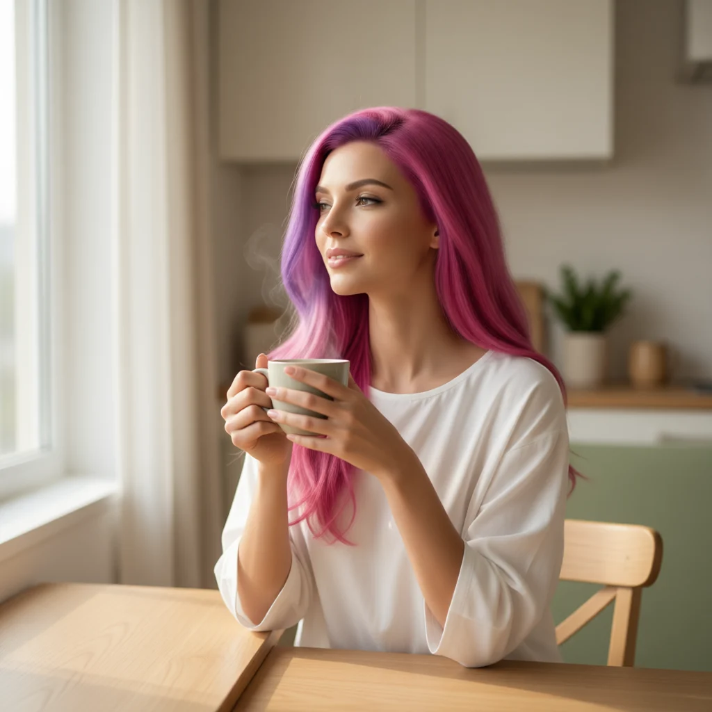 Lolita Coconut, autora de Sanas y Bellas, con el pelo rosa y morado y una camisa blanca, sosteniendo una taza entre las manos