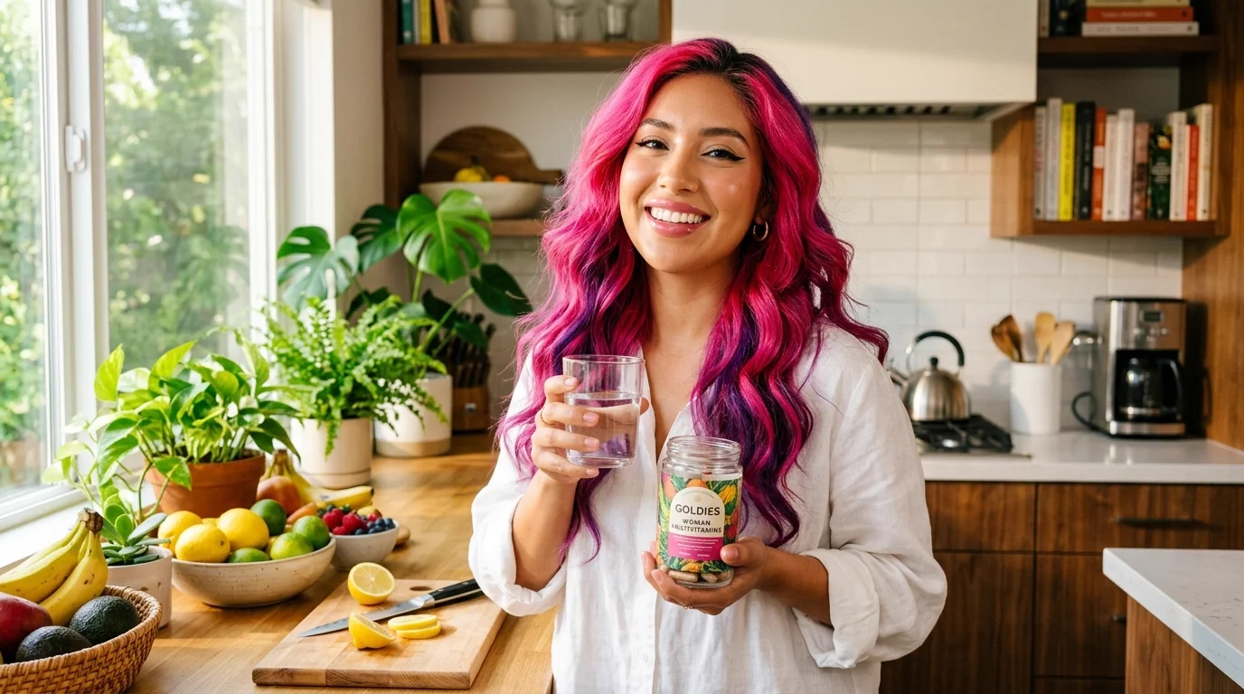 Lolita Coconut en la cocina sosteniendo un tarro de multivitamínicos, rodeada de frutas frescas, sonrisa radiante y vital