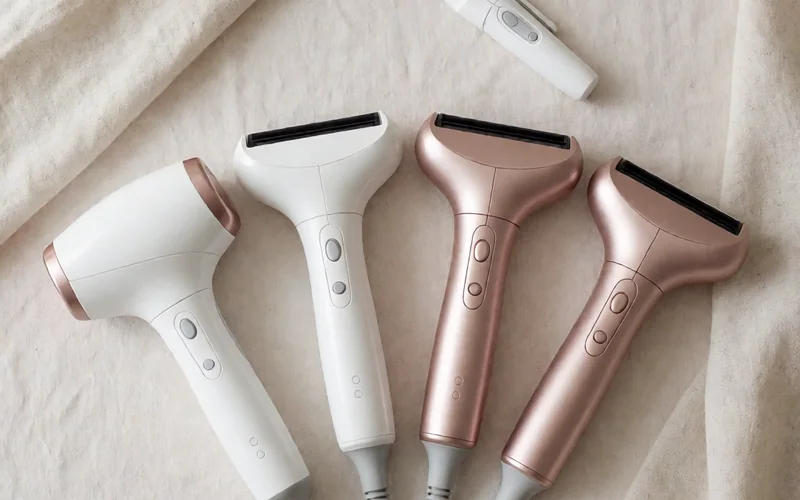 Cuatro cabezales de la Philips Lumea 8000 alineados sobre una tela clara